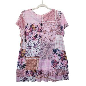 Cupio Pink Patchwork Floral Plaid Tiered High Low Short Sleeve Top Blouse